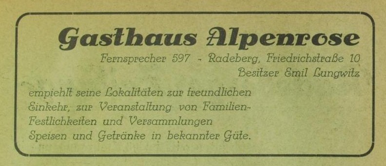 Dr. Rudolf-Friedrichs-Stra&szlig;e 10 (bis 1920 Lotzdorf 58I, 1920 - 1927 Friedrich-Stra&szlig;e 10, 1927 - 1945 Friedrichstra&szlig;e 10)  Radeberg