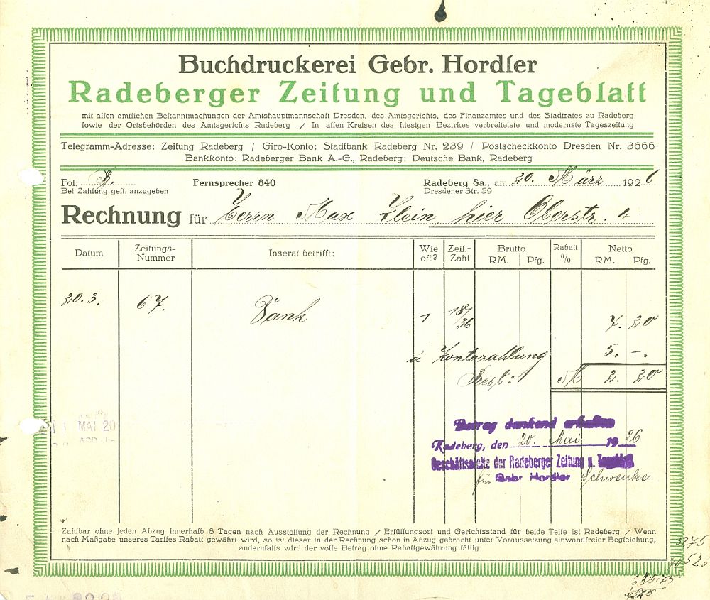 Hauptstraße 61 (bis 1910 Dresdener Straße 18, 1910 - 1927 Dresdener Straße 39)  Radeberg