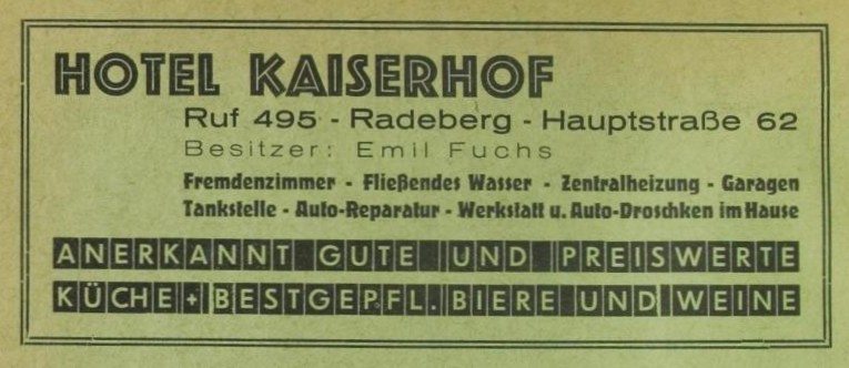 Hauptstraße 62 (vor 1910 Dresdener Straße 23a, 1910 - 1927 Dresdener Straße 40) Radeberg Hauptstraße 62 (vor 1910 Dresdener Straße 23a, 1910 - 1927 Dresdener Straße 40) Radeberg