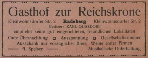 Kleinwolmsdorfer Straße 2 (vor 1903 Kleinwolmsdorfer Straße 12) Radeberg Kleinwolmsdorfer Straße 2 (vor 1903 Kleinwolmsdorfer Straße 12) Radeberg