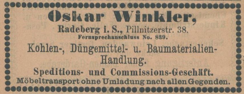 Rathenaustraße 21 (vor 1903 Pillnitzer Straße 38, 1903 König Albert-Straße 21, 1927 Rathenaustraße 21, 1937 Albertstraße 21) Radeberg Rathenaustraße 21 (vor 1903 Pillnitzer Straße 38, 1903 König Albert-Straße 21, 1927 Rathenaustraße 21, 1937 Albertstraße 21) Radeberg