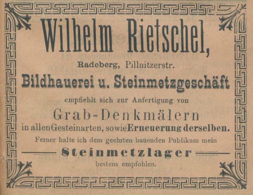 Rathenaustra&szlig;e 9 (vor 1905 Pillnitzer Stra&szlig;e 44, 1905-27 K&ouml;nig Albert-Stra&szlig;e 9, 1927 Rathenaustra&szlig;e 9, 1937 Albertstra&szlig;e 9)  Radeberg
