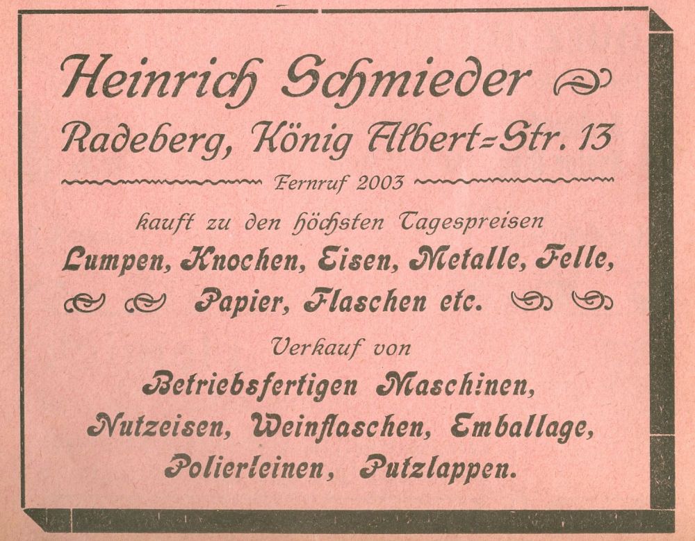 Rathenaustra&szlig;e 13 (vor 1905 Pillnitzer Stra&szlig;e 42, 1905 - 1927 K&ouml;nig Albert-Stra&szlig;e 13, 1927 Rathenaustra&szlig;e 13, 1937 Albertstra&szlig;e 13)  Radeberg